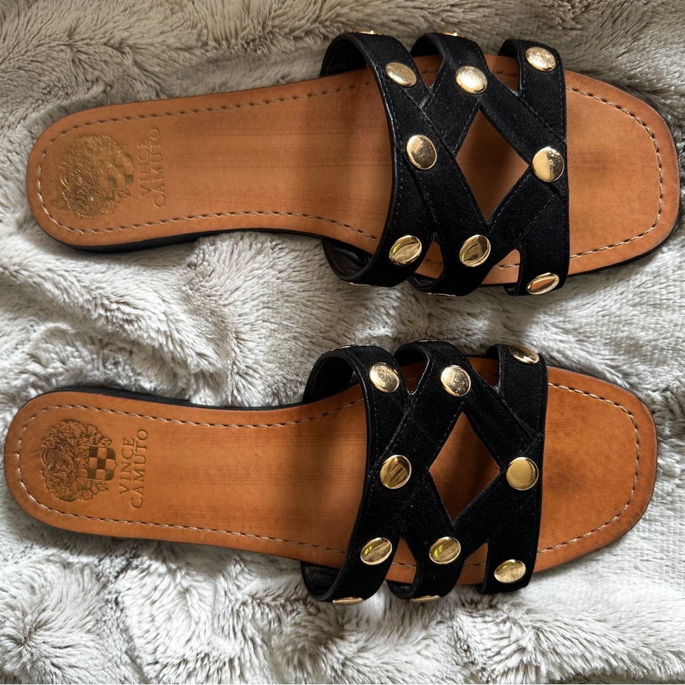 Vince Camuto Black and Gold Slide Sandals with Comfort Sole